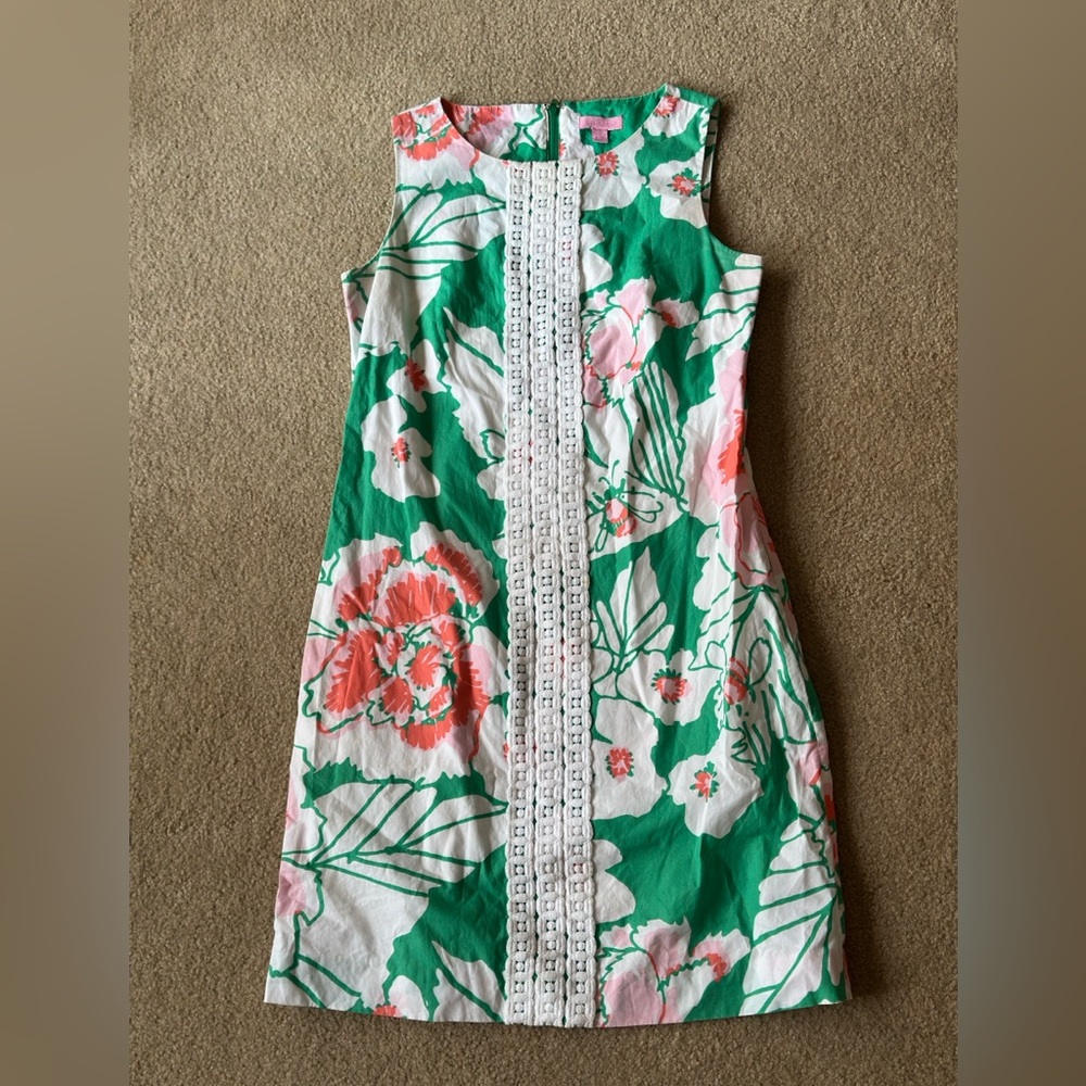 Lilly Pulitzer Green Floral Midi Dress with Pink & Coral Accents